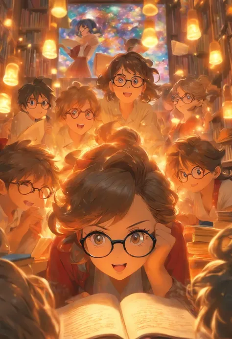 Quality first,masterpiece in detail,Middle-aged woman wearing glasses,sportrait,closeup cleavage,Several cute kids reading a book,in class room,fresh flowers,Rich in color