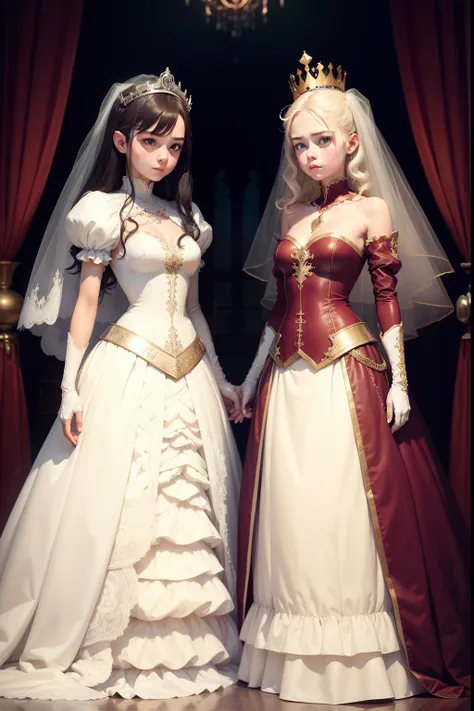 two girl, lesbian, wedding dress, long glove, crown, full-body, chastity belt, neck