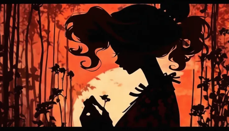 (Silhouette Art,cutouts:1.6)
(((Paper cutting art,A world where only black exists:1.3)

(Cowboy Shot),1 girl,Solo,
(Kimono Girl,profile:1.2),white, Clear and beautiful face,Sunrise behind

break
(roses、Viola　reddish:6.1)
Textured glass background,