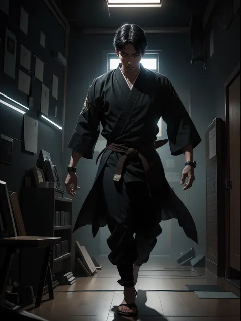 A 30 years young jujutsu tech school teacher, students visit the school with teacher, full body portrait, dark magical background, ancient pictures on the walls, creativity, cinematic art, movie light effects, 8K UHD, Nvidia RTX 4090 rendering, ray tracing...