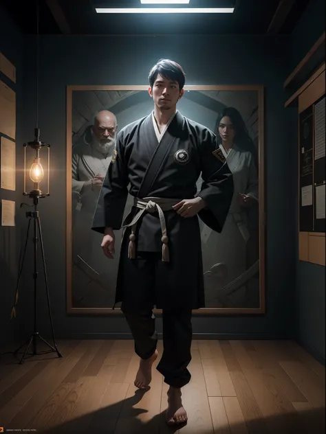 A 30 years young jujutsu tech school teacher, students visit the school with teacher, full body portrait, dark magical background, ancient pictures on the walls, creativity, cinematic art, movie light effects, 8K UHD, Nvidia RTX 4090 rendering, ray tracing...