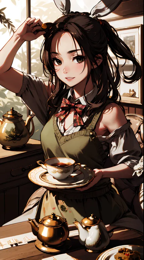 1 girl, upper body, single focus, quirky allure, March Hare-inspired attire, perpetually late expression, (mad tea party: 1.4), (endless teapot: 1.3), disheveled hair, whimsical aura, [depth of field, ambient lighting, tea party foreground, endless teapot ...