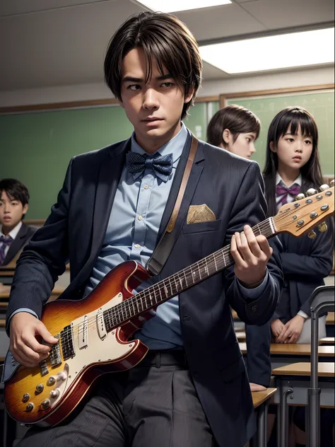 (16 K, 8K, awardwinning, of the highest quality, High Definition, high detailing, Super Detail, Anatomically correct, Textured skin, 电影灯光,masutepiece: 1.4), (Male teacher standing at desk playing guitar:1.1), Playing guitar, a bow tie, Corduroy suit, In th...