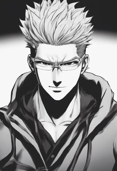 um desenho de um homem com um cabelo branco e uma camisa preta e branca, sombreamento de anime), goggles around his neck, Jujutsu Kaisen, sombreamento de anime, seinen manga portrait, inspirado em Kamisaka Sekka, kentaro miura manga style, inspirado em Iwa...