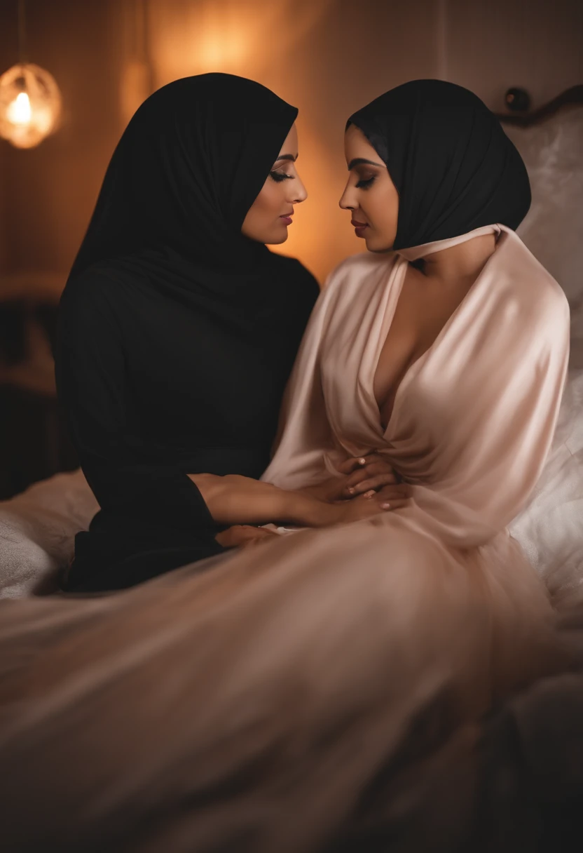 Lesbians, hijab, long dress, big boobs, Nipple, romantic, in room, on bed, sexy, seductive, looking at each others face, love, sexy, soft Lighting, want to , with