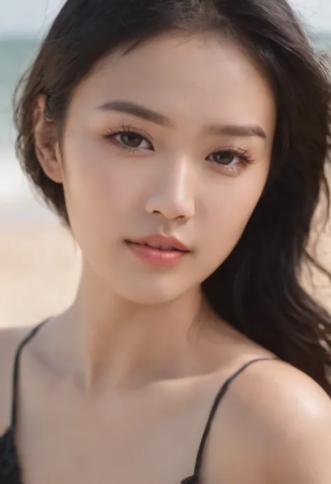 Asian Girls , 20 years old , Full body ,Swimsuit  , Beach , Black hair , Head Tilted , Lying on the beach