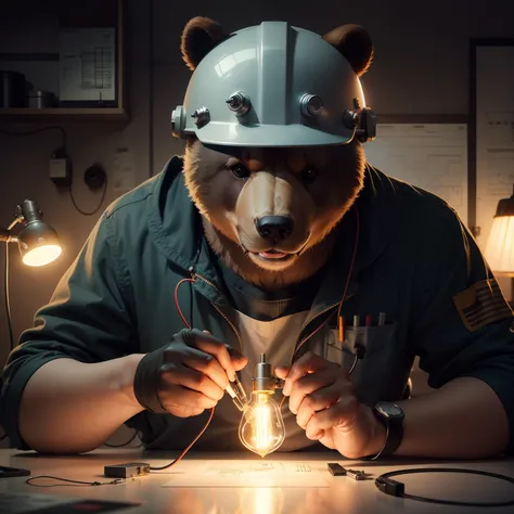 Electrical engineer cute bear soldering wire on a Circuit with its hand , wearing engineering helmet,lamp,background mathematical Formula