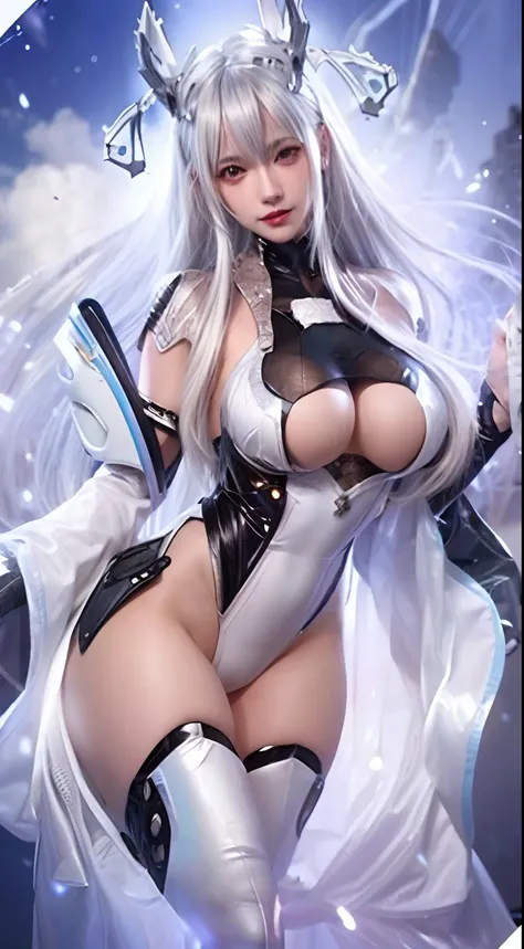 a close up of a woman in a white dress with a sword, white haired deity, cyborg - girl with silver hair, perfect android girl, ahegao, perfect white haired girl, tifa lockhart with white hair, style artgerm, white haired, white haired lady, irelia, like ar...