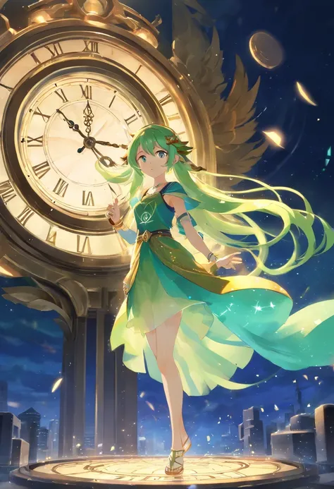 (masterpiece, top quality, best quality, official art, beautiful and aesthetic:1.4, watercolor:1.1), (Goddess of Time:1.5), ethereal presence, flowing robes woven with threads of past, present, and future, (numerous clocks:1.4) of all sizes floating around...