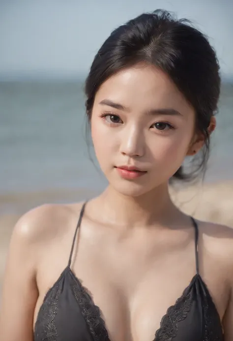 An Asian girl , 20 years old , Full body ,Swimsuit  , Beach , Black hair , Head Tilted , Lying on the beach