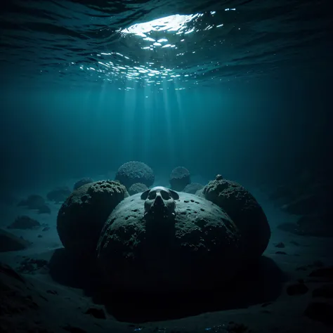 (extremadamente detallado, obra maestra, La mejor calidad, Under the Ocean), Estilo oscuro, volumetric illumination. textura de babosa, piel de caracol. ahogados flotando de fondo. Rococo composition.