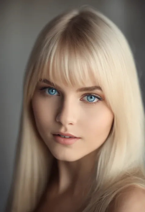 Unparalleled beauty, Glossy shiny firmness and shiny skin, bangs between the eyes, Glossy Straight Beautiful Platinum Blonde, Super Long Straight Silky Hair, eye line, Sexy beautiful innocent 14 years old, High Definition Big Big Beautiful Bright Blue Eyes...