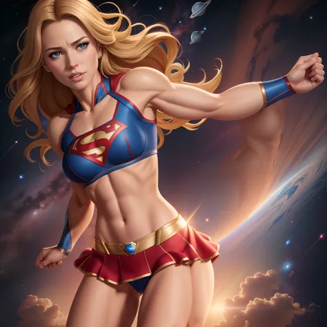 ( master part, 4k resolution, ultra-realistic, Very detailed) Sexy Supergirl revelando abdominais midriff seios grandes fotografia por artgerm, no estilo do realismo, pele cintilante, Cartooncore, Mangacore, natural lighting, Defined full lips. Muscular fi...