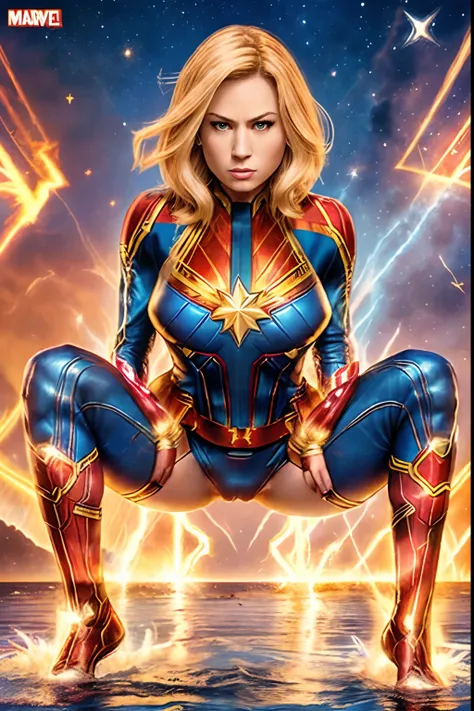 Captain Marvel,Clearly visible erect nipples,((Full nude and beautiful woman wearing Captain Marvel body paint))、Clearly visible erect nipples,a blond、ultramarine eyes、semilong hairstyle、Colossal tits (Woman in her 20s),drenched in sweat,pose (knees bent a...