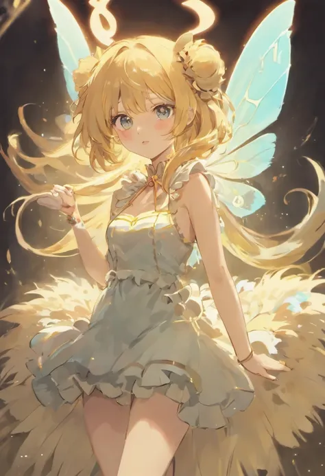 An attractive moth girl with large, fuzzy antennae, delicate wings, and a fluffy tail. She has pale skin, bright eyes, and long hair. She is wearing a simple dress that matches the color of her wings.