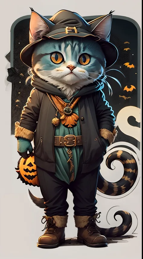 adesivo bonito dos desenhos animados de um gato vestida como um bruxo de capa roxa escura, style cartoon, Halloween