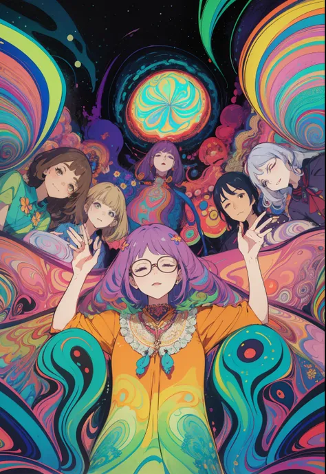 (psychedelic art:1.5), (from below:1.2), intricate dress, upper body, closed eyes,A 40 year old teacher, wearing glasses, （surrounded by a dozen or so children：1.4）, with flowers in front of him, upper body lens，happy