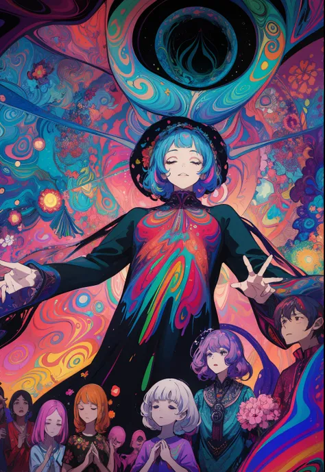 (psychedelic art:1.5), (from below:1.2), intricate dress, upper body, closed eyes,A 40 year old teacher, wearing glasses, （surrounded by a dozen or so children：1.4）, with flowers in front of him, upper body lens，happy