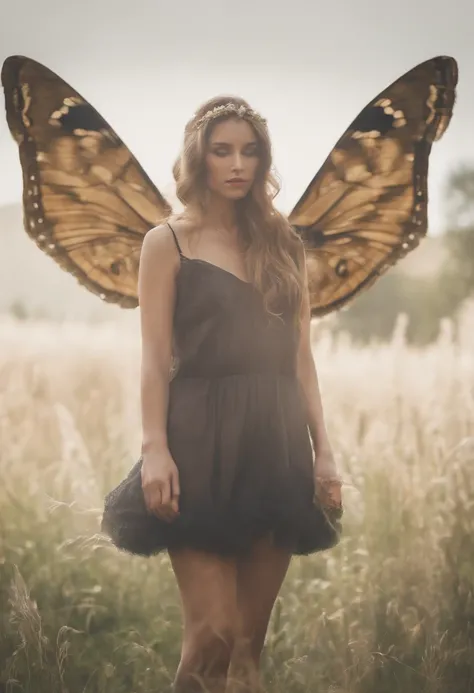 An attractive moth girl with large, fuzzy antennae, delicate wings, and a fluffy tail. She has pale skin, bright eyes, and long hair. She is wearing a simple dress that matches the color of her wings.