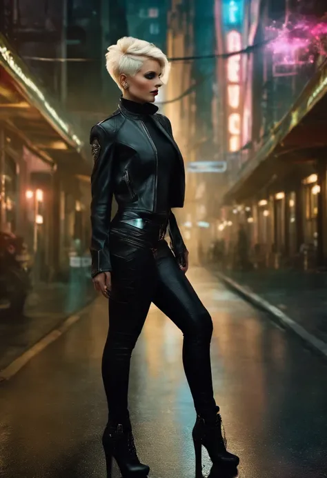 In a futuristic metropolis, a captivating very short haired pixie blonde embodies photorealistic perfection and sensuality. The details highlight her curves, while the clothing and goth makeup enhance her attractiveness. In the middle of the cyberpunk urba...