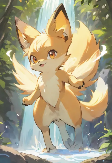 animal focus, three-quarter view, (feral), fennekin fire, presenting hindquarters, fur, raised tail, (solo), big eyes, pupils, paws, waterfall, ((symmetrical)), female, anatomically correct, anatomically correct , canine, animal , masterpiece, best quality...