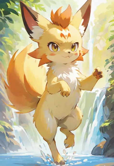 animal focus, three-quarter view, (feral), fennekin fire, presenting hindquarters, fur, raised tail, (solo), big eyes, pupils, paws, waterfall, ((symmetrical)), female, anatomically correct, anatomically correct , canine, animal , masterpiece, best quality...