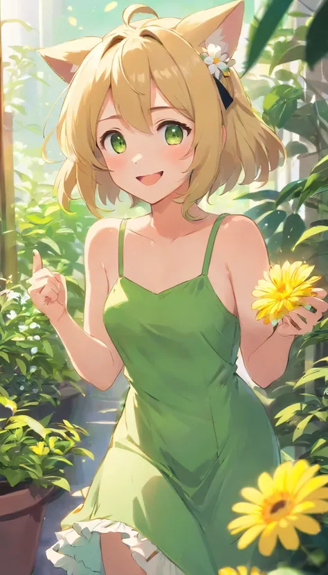 1girl in, :D, animal ear fluff, Animal ears, Bangs, black hairband, Blonde hair, Blurry, Blurry background, depth of fields, Dress, flower, flower pots, frilly dress, frilld, Green dress, Green eyes, shairband, Holding, Long hair, Open mouth, pink flowers,...