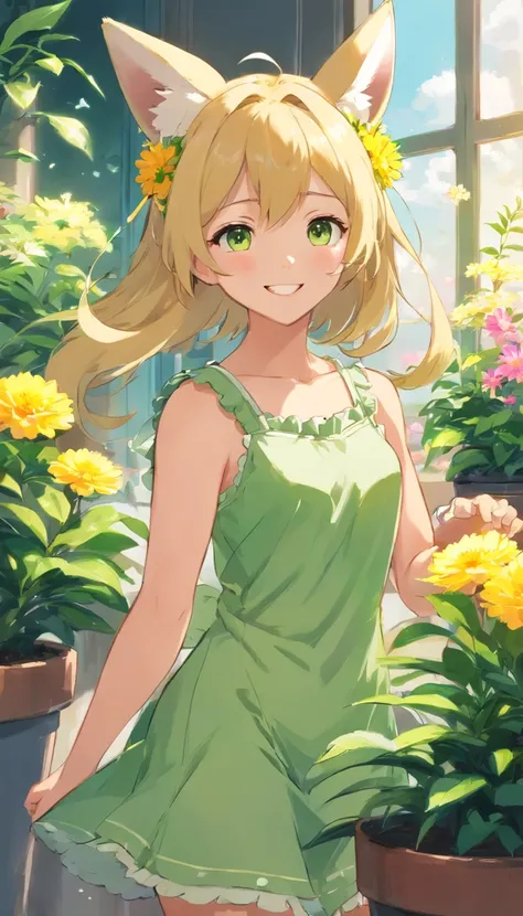 1girl in, :D, animal ear fluff, Animal ears, Bangs, black hairband, Blonde hair, Blurry, Blurry background, depth of fields, Dress, flower, flower pots, frilly dress, frilld, Green dress, Green eyes, shairband, Holding, Long hair, Open mouth, pink flowers,...