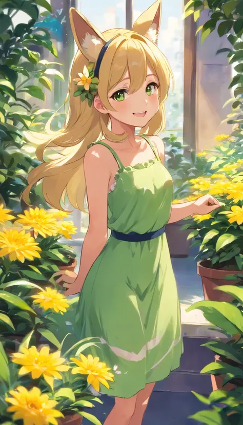 1girl in, :D, animal ear fluff, Animal ears, Bangs, black hairband, Blonde hair, Blurry, Blurry background, depth of fields, Dress, flower, flower pots, frilly dress, frilld, Green dress, Green eyes, shairband, Holding, Long hair, Open mouth, pink flowers,...