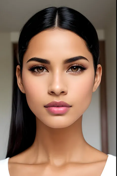 A woman with black hair and pink lips, peau brune. light makeup, Perfect face model, peau olive impeccable, Beautiful symmetrical face, Visage magnifique, dark-skinned, Detailed perfect face, visage magnifique, extremely beautiful face, detailed flawless f...