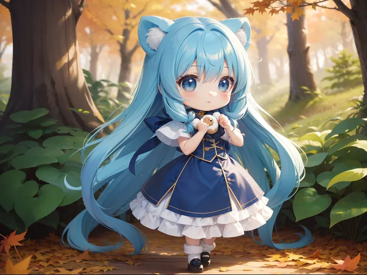 Chibichara　long hair with blue hair((Chibi Chara))、Fluffy、girl with、Chibi Chara、full body Esbian、Pastel colors hair、masutepiece、top-quality、In the forest of autumn leaves、Cute bears are also with us。