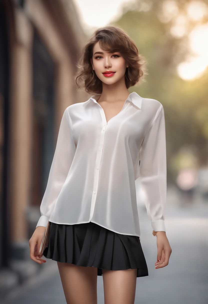 Top quality, masterpiece, high resolution, girls, look viewers, natural skin texture, realistic eyes and face details, full lips, white transparent shirt, mini skirt, long legs, sneakers, walking, smile, closed mouth, lips, short hair, detailed beautiful e...