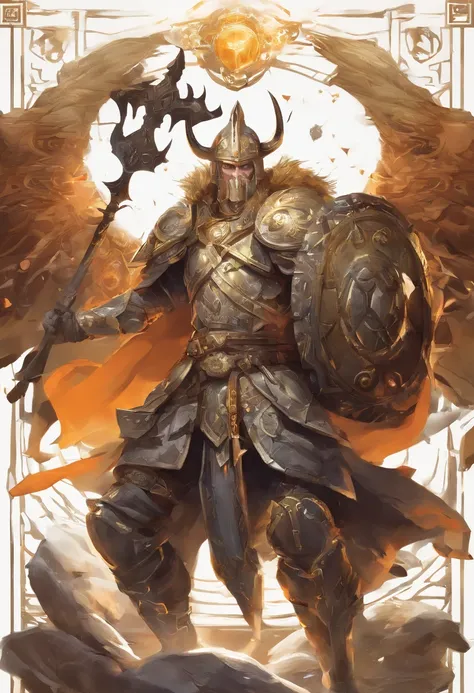 Un primer plano de un( hombre) (vikingo sosteniendo dos achas divinas) en la grieta del imvicador,( Arte de personajes de League of Legends),(Olaf),Full body of a Viking divine paladin warrior in ornate golden armor,barba densa y fondosa de color naranja y...