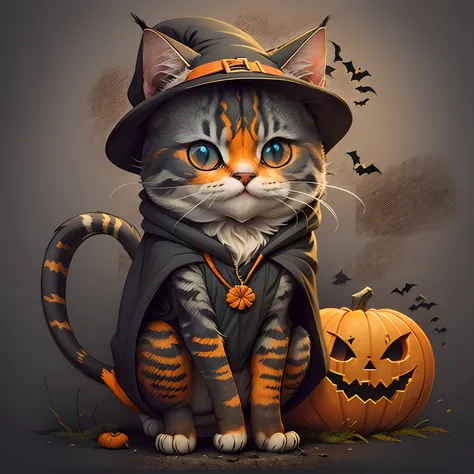 adesivo bonito dos desenhos animados de um gato vestida como um bruxo de capa roxa escura, style cartoon, Halloween