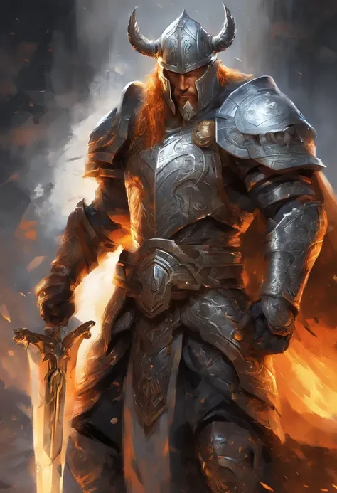 Un primer plano de un( hombre) (vikingo sosteniendo dos achas divinas) en la grieta del imvicador,( Arte de personajes de League of Legends),(Olaf),Full body of a Viking divine paladin warrior in ornate golden armor,barba densa y fondosa de color naranja y...