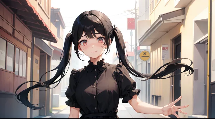 one beautiful women((Black hair twintails、eyes are brown、Have an embarrassed look、with a flushed face))、Elegant dress、Wearing short sleeves、 arms outstretched in front, a smile,