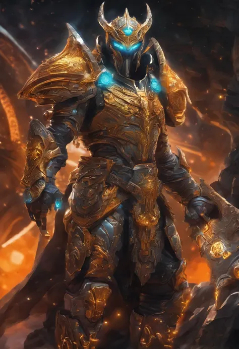 Un primer plano de un( hombre) (vikingo sosteniendo dos achas divinas) en la grieta del imvicador,( Arte de personajes de League of Legends),(Olaf),Full body of a Viking divine paladin warrior in ornate golden armor,barba densa y fondosa de color naranja y...