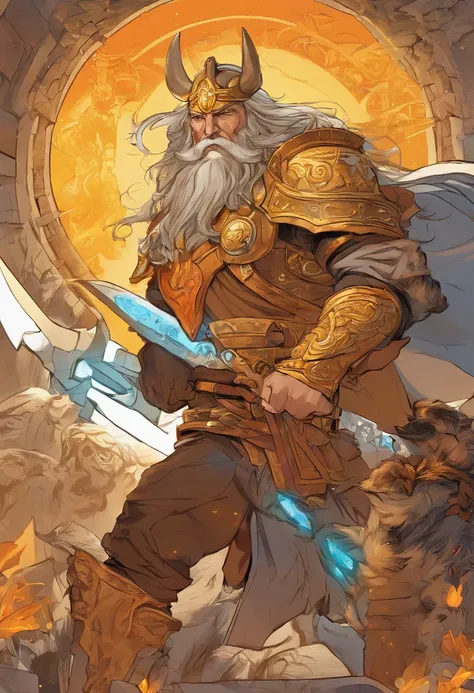 Un primer plano de un( hombre) (vikingo sosteniendo dos achas divinas) en la grieta del imvicador,( Arte de personajes de League of Legends),(Olaf),Full body of a Viking divine paladin warrior in ornate golden armor,barba densa y fondosa de color naranja y...