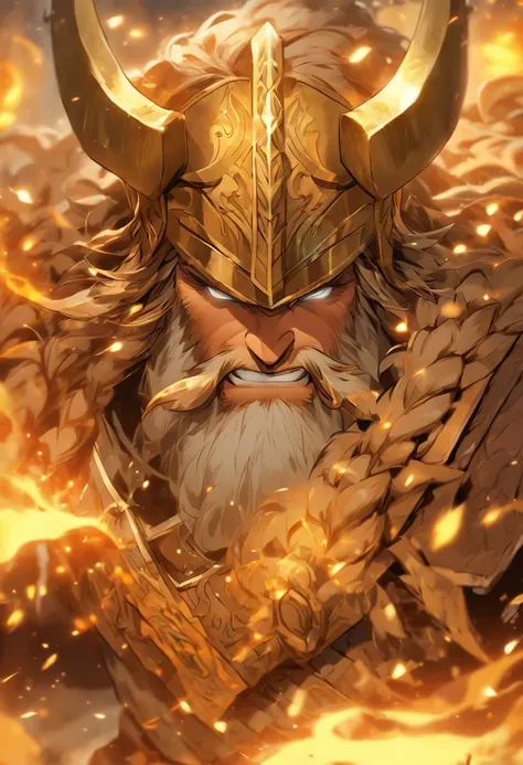 Un primer plano de un( hombre) (vikingo sosteniendo dos achas divinas) en la grieta del imvicador,( Arte de personajes de League of Legends),(Olaf),Full body of a Viking divine paladin warrior in ornate golden armor,barba densa y fondosa de color naranja y...