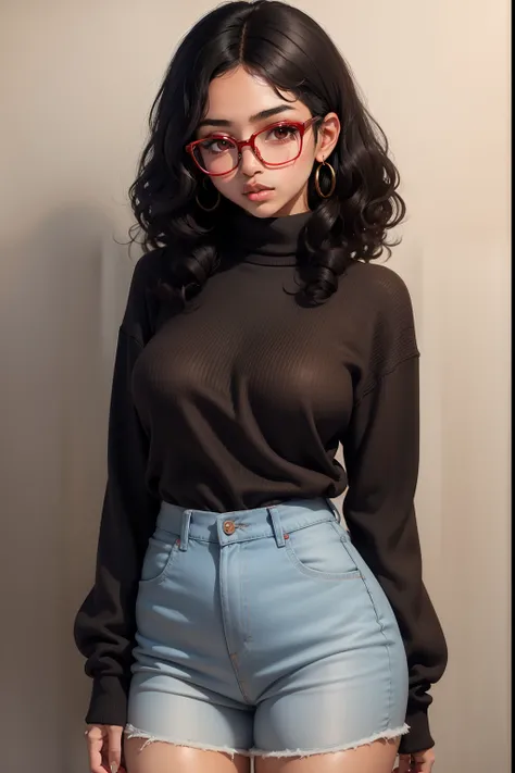 girl with curly black hair, softly brown skin, rounded nose, red glasses, black sweater, semi-slim body