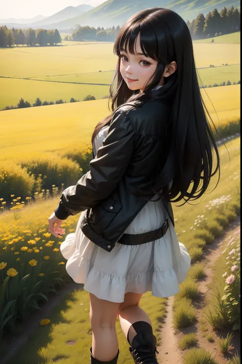 masterpiece, best quality, in a meadow, back, girl, solo, female, long hair, black hair, straight hair, bangs, light smile, black eyes, jacket, summer_dress, shoes , looking back, walking, day,