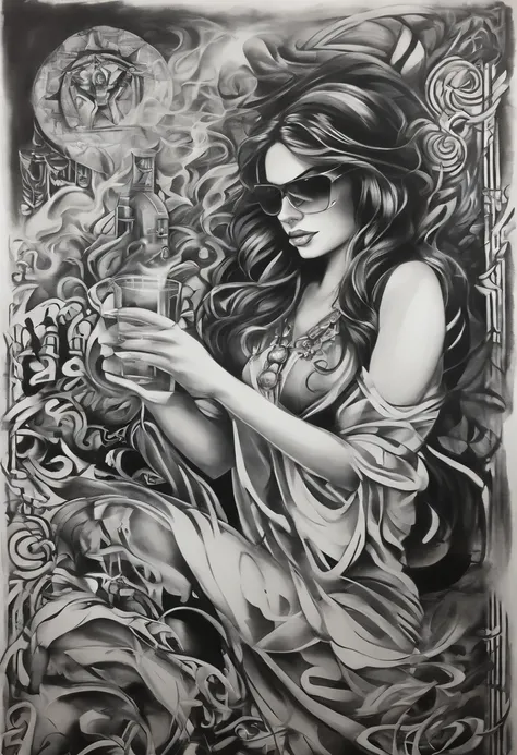 a drawing of a woman holding a glass with smoke coming out of it, Detailed drawing of charcoal, monochromatic airbrush painting, charcoal art, ✏️🎨, pintura de realismo detalhado, charcoal painting, desenho de realismo, drinking tea, detailed pencil drawing...