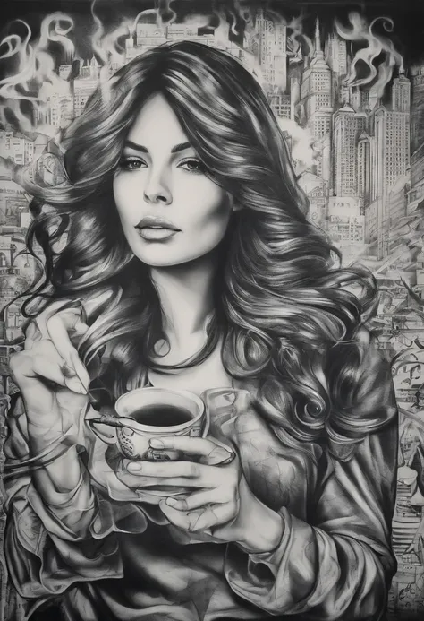 a drawing of a woman holding a glass with smoke coming out of it, Detailed drawing of charcoal, monochromatic airbrush painting, charcoal art, ✏️🎨, pintura de realismo detalhado, charcoal painting, desenho de realismo, drinking tea, detailed pencil drawing...