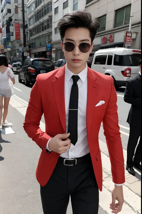 Asian male model on the street，and his wedding car，Cool red car，SLR in hand，Suit tie