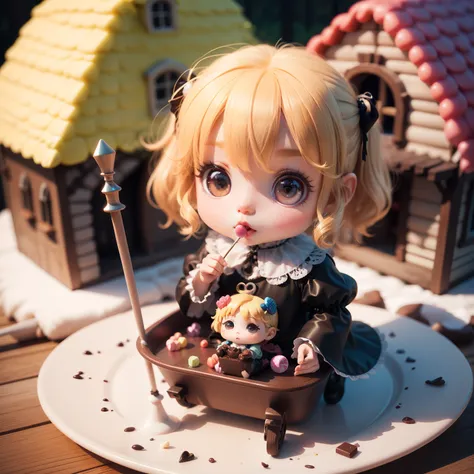 Cute Baby Chibi Anime、(((Chibi 3D))) (Best Quality) (masutepiece)、Chibi Witch、Hold a long cane、//(Candy House) (House of candy material) (Hansel and Gretel) Chocolate.donut.Marble Chocolate、The background is in a fairytale forest、