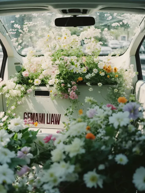 Flowers in a car with a license plate on the back, Gemma Chen, rinko kawauchi, beautiful cinematography, beautiful  flowers, Full of flowers, Many flowers, humanoids overgrown with flowers, covered with flowers, Lots of flowers, Beautiful flowers, Lush flo...