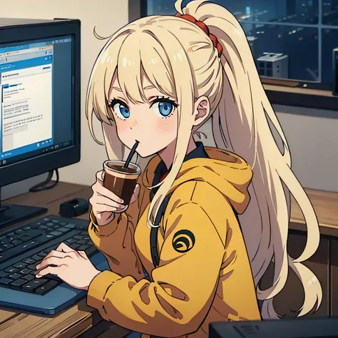 1girl, drinking coffee, playing computer and studying, long hair, blonde hair, ponytail