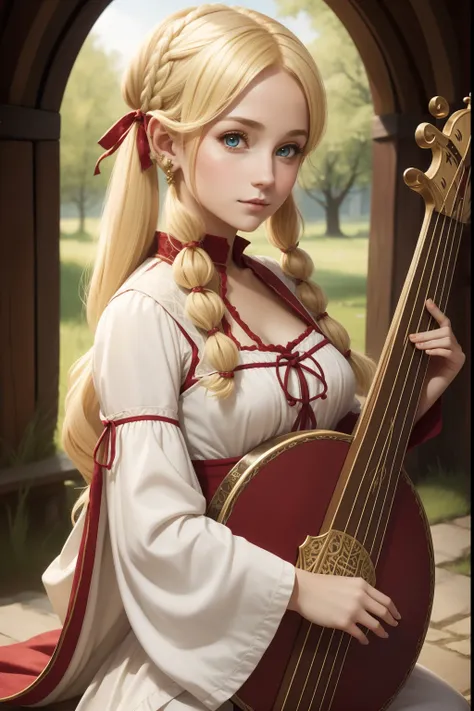 young pretty halfelf woman bard, round ears, medieval fantasy style, detailed, with lute, blonde-red pigtails, shy