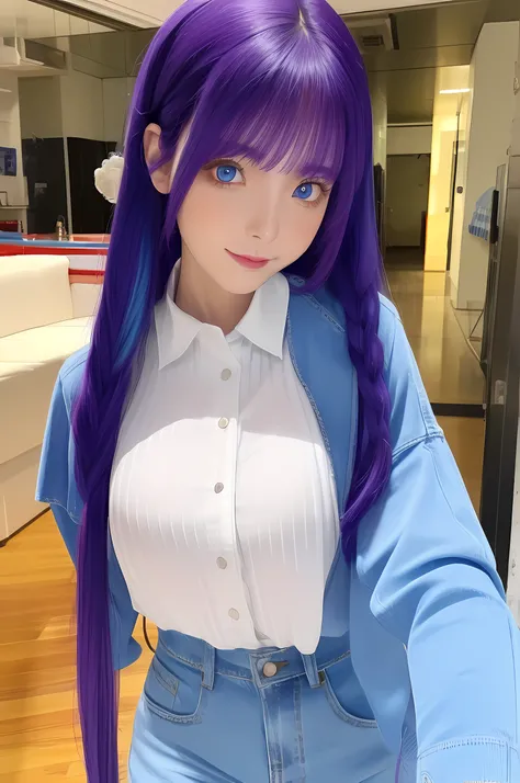 1girl, long purple hair, blue and red eyes, wearing white shirt, denim , city, absurdres, high res, ultrasharp, 8K, masterpiece, looking at viewer , beautiful cute face