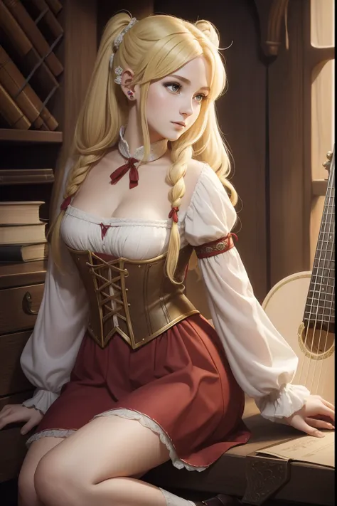 young pretty halfelf woman bard, round ears, medieval fantasy style, detailed, with lute, blonde-red pigtails, shy